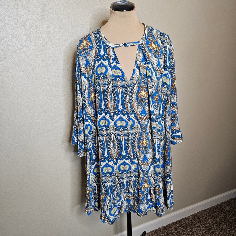 Umgee Blue Paisley Bell Sleeve Babydoll Mini Dress Womens‎ Large